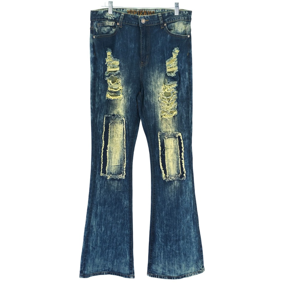 VIP Jeans Flare Jeans Womens 11 Blue Acid Wash Distressed Patched Bell Bottoms